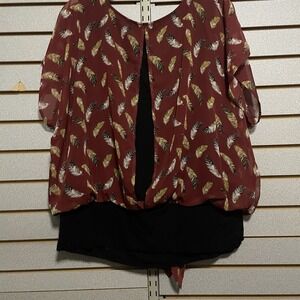 Alyx 0X XL‎ Burnt Red Feathers Short Sleeve Top Shirt Blouse LN Stretch
